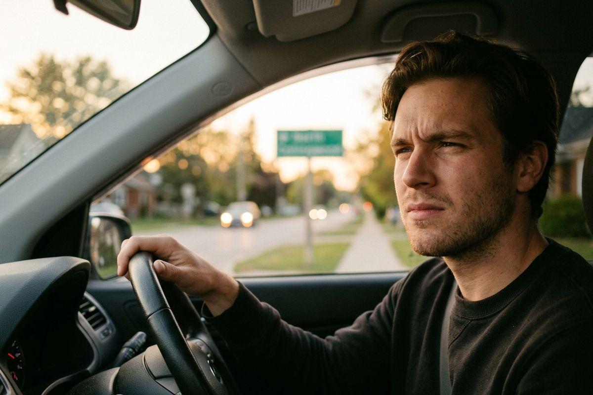 A person driving a car, hand on the steering wheel, squinting with a focused expression at dusk.
