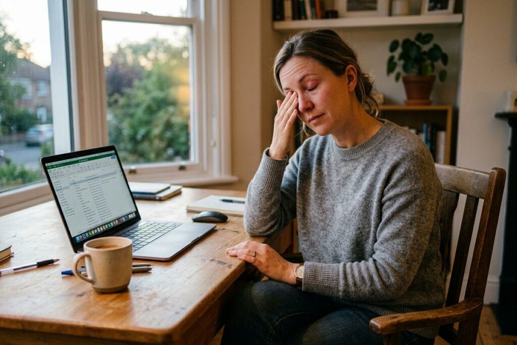 A person rubbing closed eyes while sitting at a wooden desk with a laptop and a coffee mug near a window.