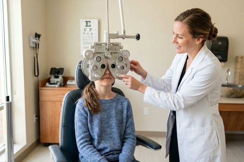 An optometrist adjusting a phoropter during an eye exam for a child seated in an exam chair.