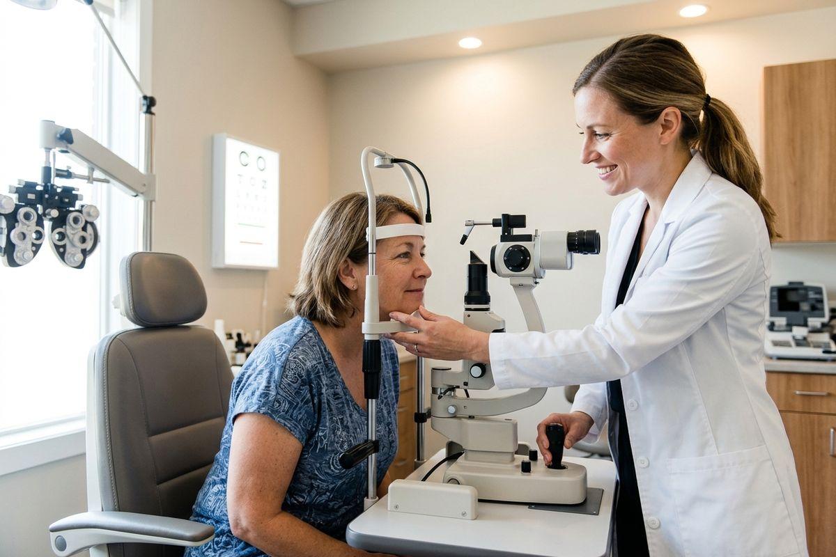 An optometrist examines a seated patient at a slit lamp in an eye exam room, both smiling.