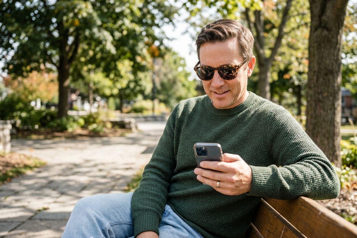 Person in sunglasses and green sweater sitting on a park bench, looking at a smartphone, smiling.