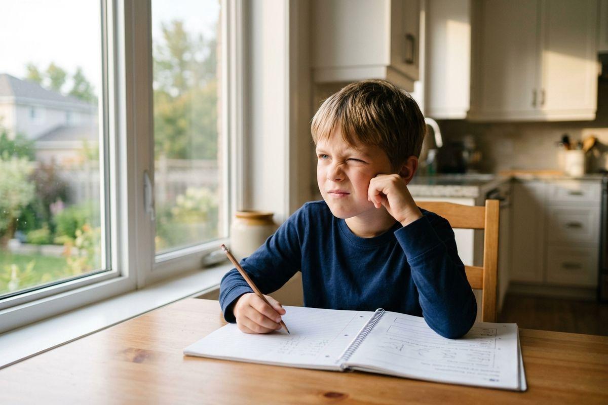 A child with pencil and notebook at a kitchen table, resting chin on hand and looking out the window.