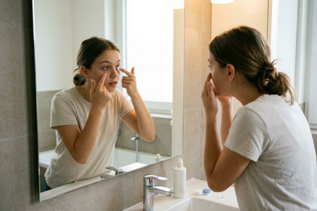 A person inserting a contact lens into their eye while looking in a bathroom mirror, with a lens case and solution on the sink.