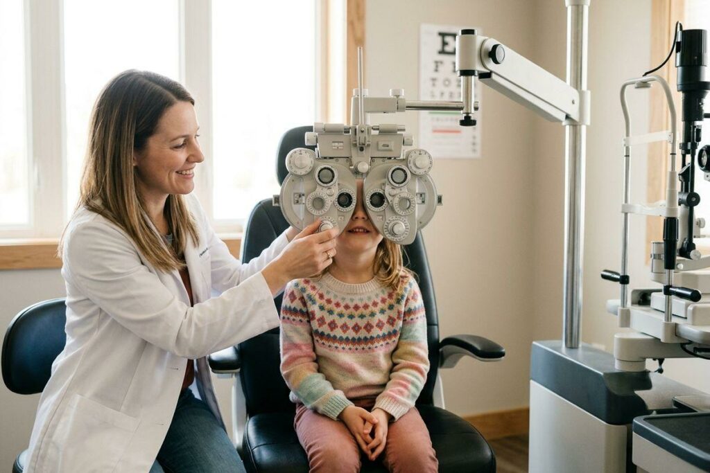 An optometrist adjusts a phoropter for a child during an eye exam, with an eye chart on the wall in the background.