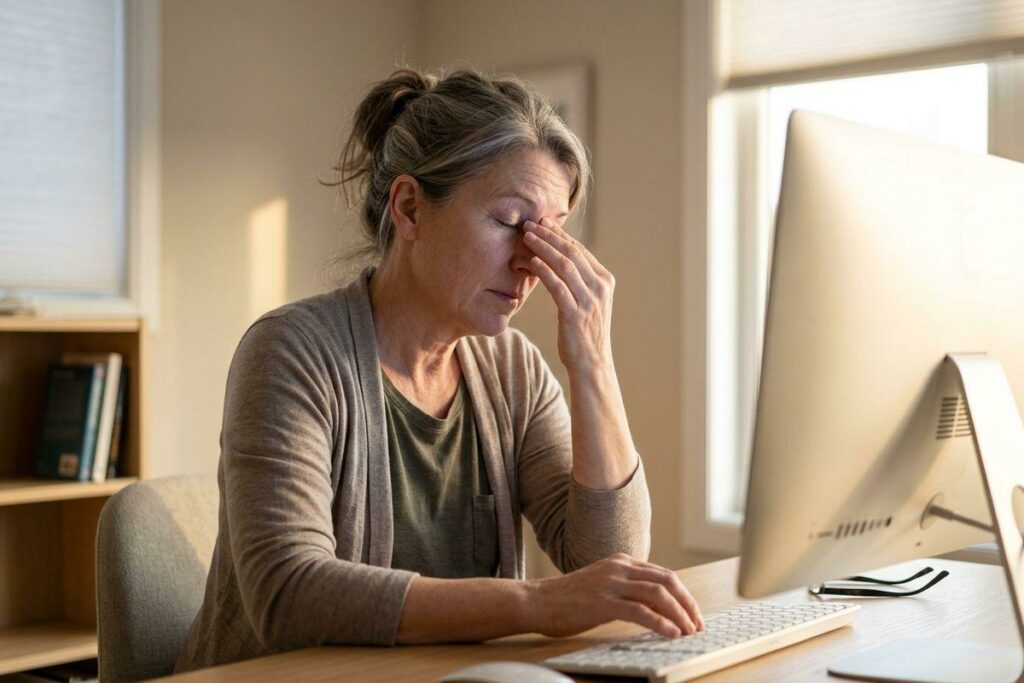 A person at a desk with eyes closed, pinching the bridge of their nose, in front of a computer monitor and keyboard.