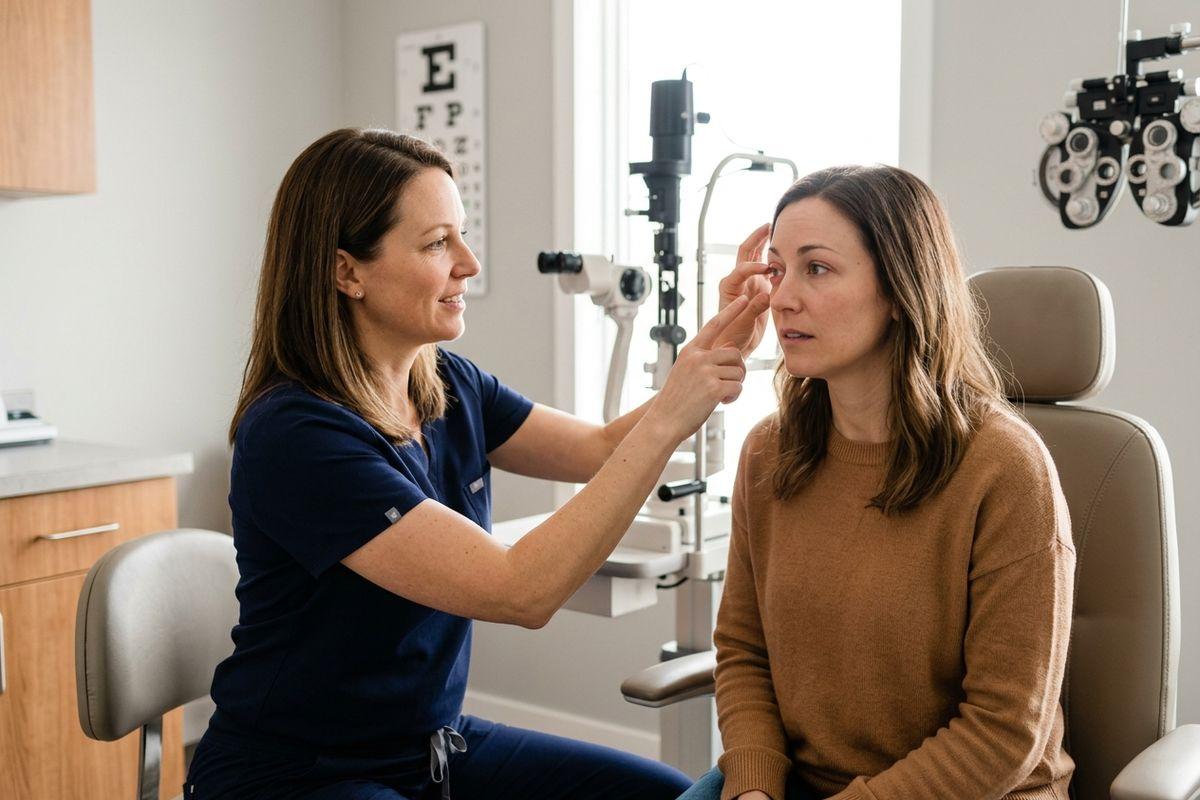 An optometrist examines a seated patient's eye in an exam room with an eye chart and phoropter in the background.