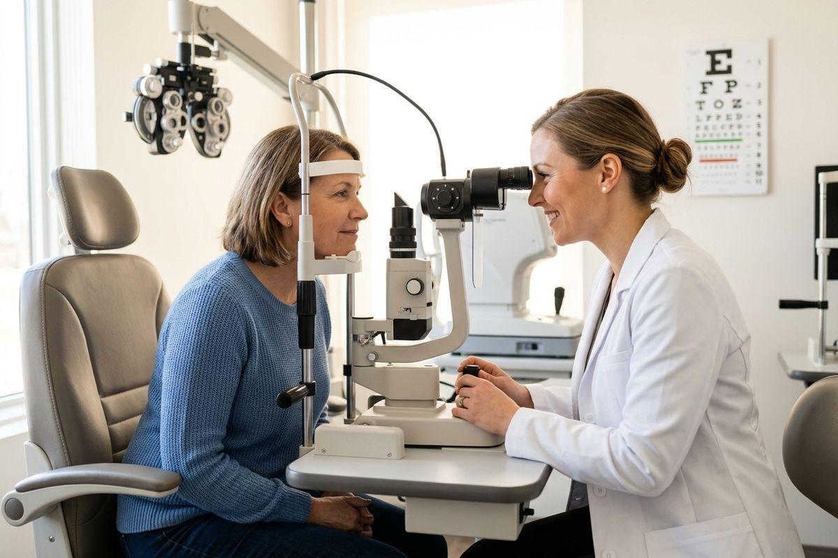 An optometrist examines a seated patient using a slit lamp, smiling, with an eye chart on the wall.
