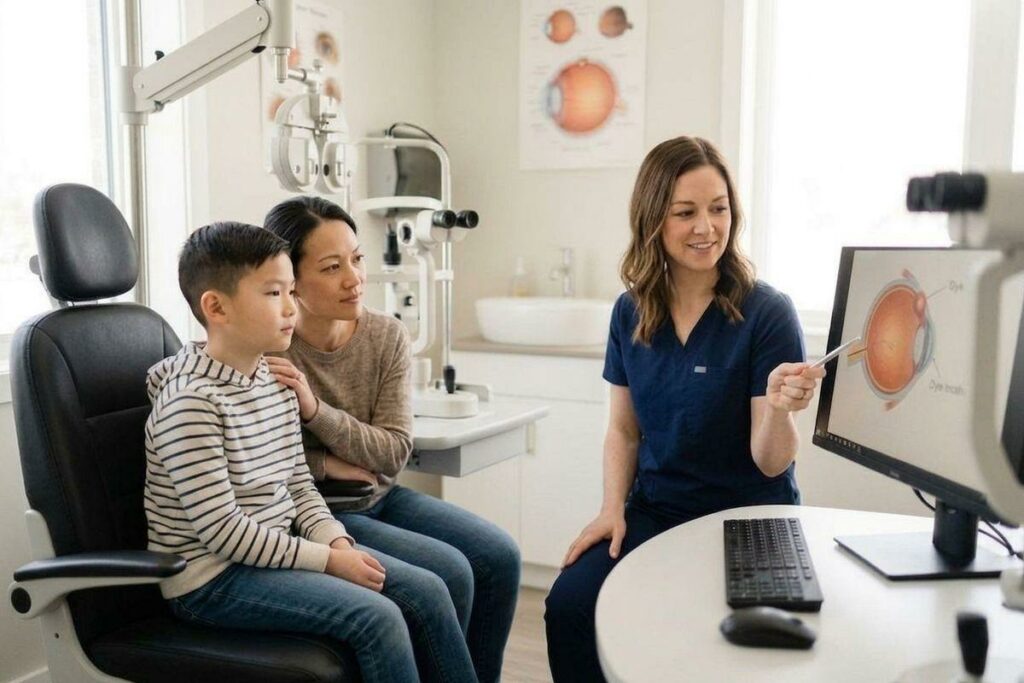An optometrist points to an eye diagram on a monitor while a child and adult watch in an exam room.
