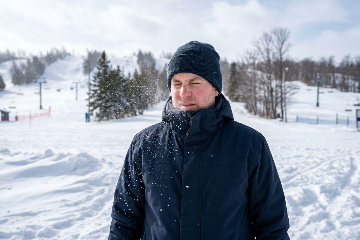 Adult in a dark winter jacket and beanie squints with eyes shut as blowing snow hits their face at a snowy ski hill with chairlifts and trees.