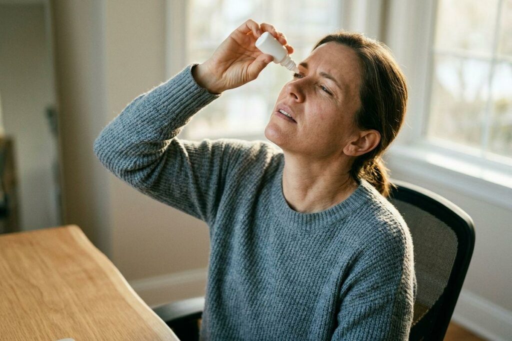 Adult in a grey sweater sits at a wooden desk by a window, tilting their head back to apply eye drops from a small white bottle, squinting.