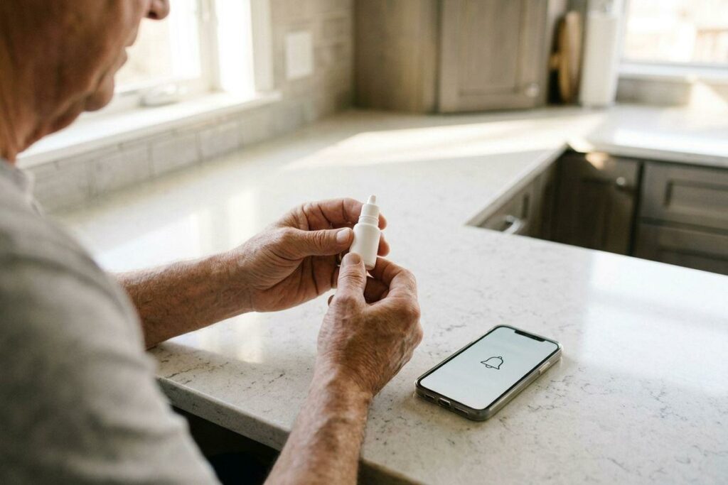 Older adult holds a white dropper bottle at a kitchen counter, beside a smartphone showing a bell notification icon.