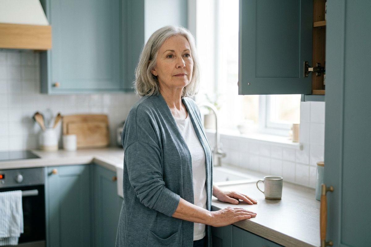 Older adult with grey hair stands in a teal kitchen, hands resting on the counter beside a mug and an open cabinet, gazing ahead with a pensive look